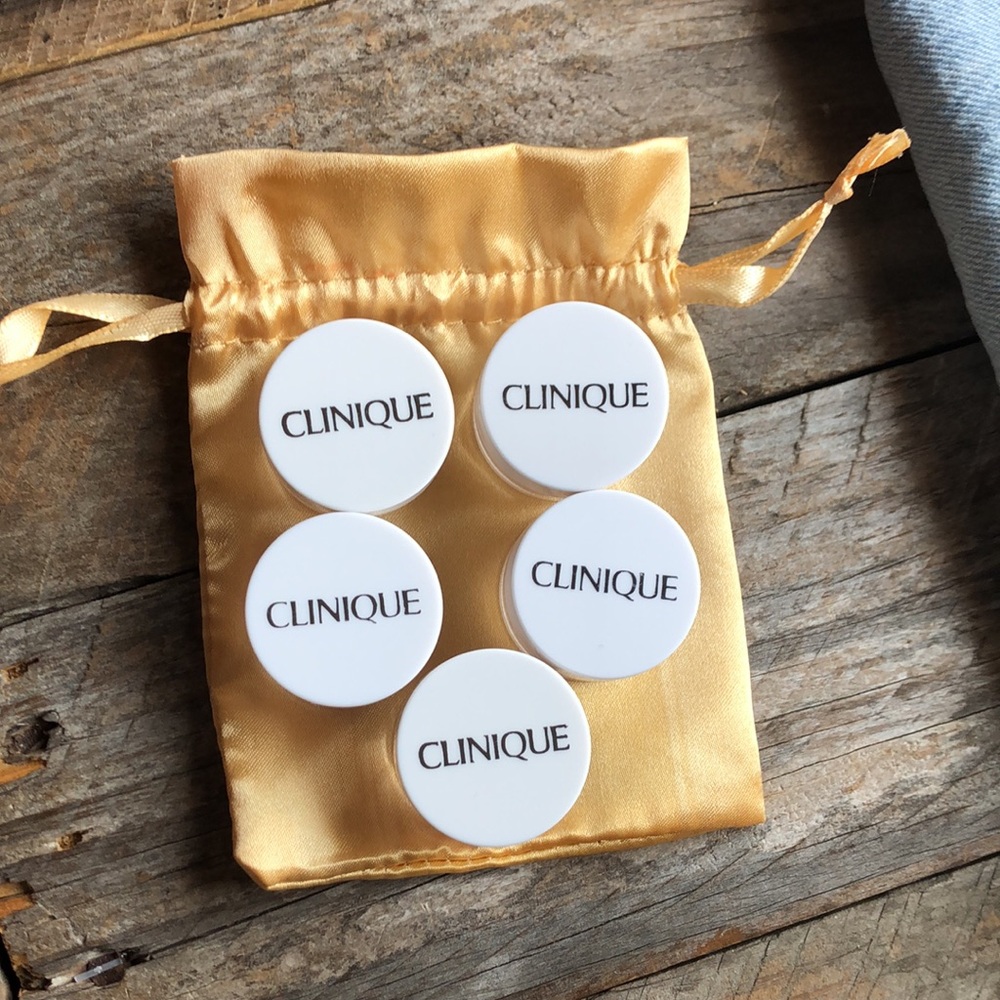 Clinique Travel-Sized Containers w/Gold Carrying Pouch set of 5, 4 lip/face/hair